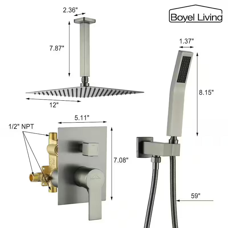 12 in. Ceiling Mount Dual Shower Heads with Pressure Balance Valve in Brushed Nickel B873628
