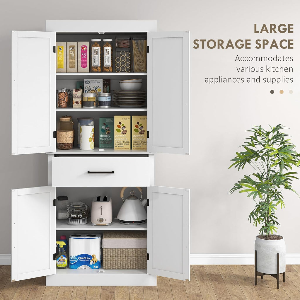 White 72" Tall Kitchen Pantry Storage Cabinet with 4 Barn Doors, Drawer, 5-Tier Shelf and Adjustable Shelves G390