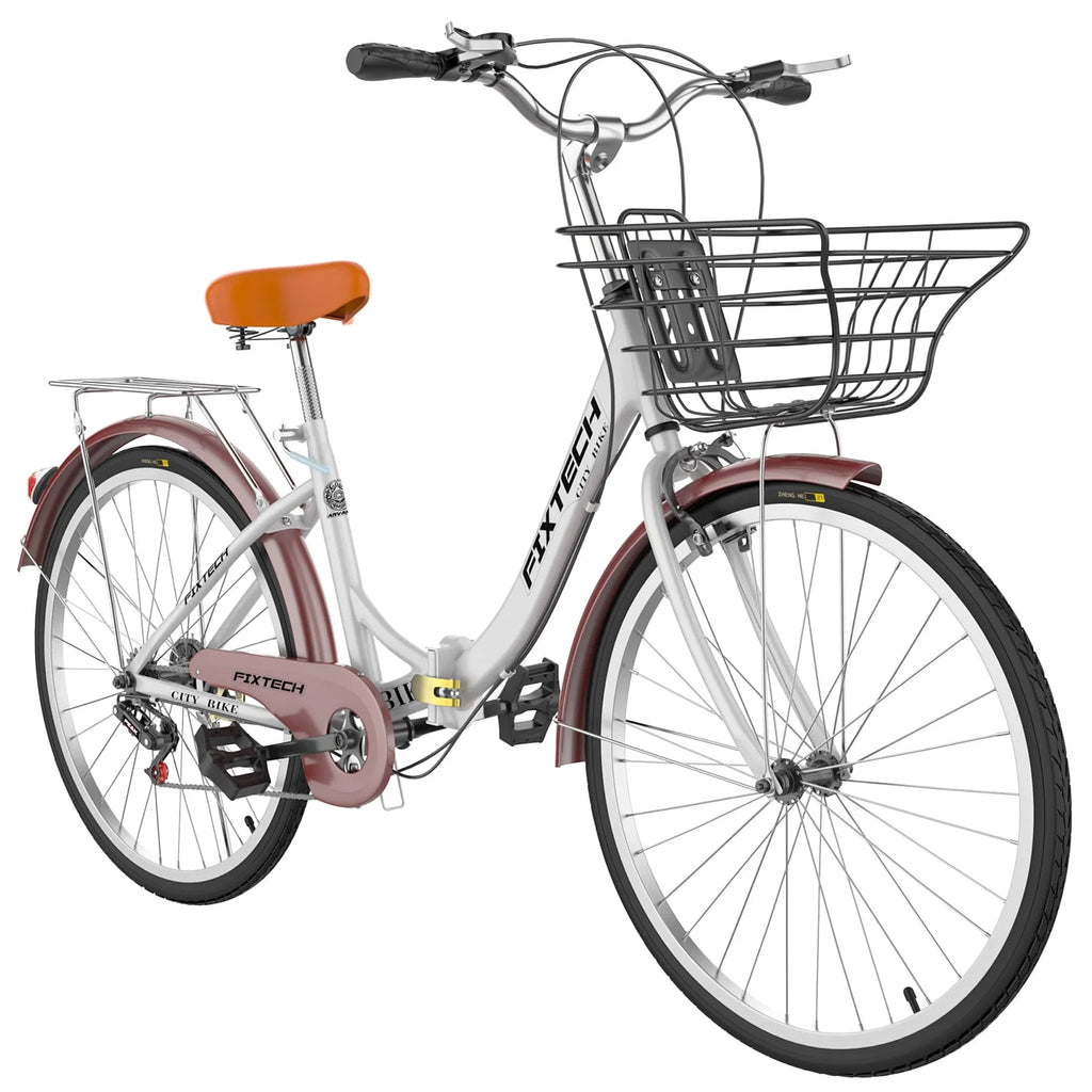White 26 inch 7 Speed Foldable Cruiser Bike with Basket P729