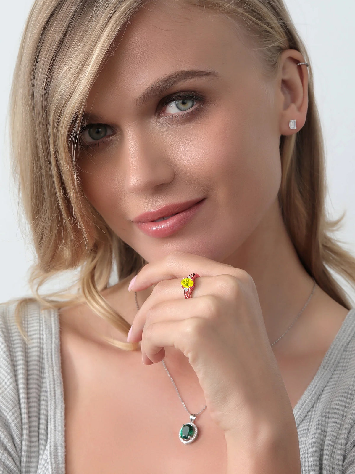 18K Rose Gold Plated Silver Canary Mystic Topaz and White Lab Grown Diamond 3 Stone Engagement Ring U3567