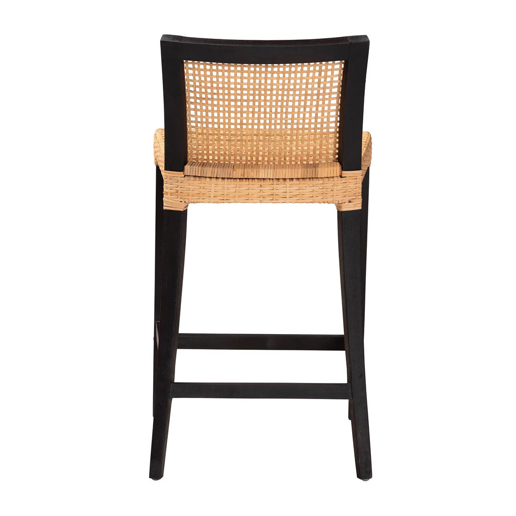 Dark Brown Mahogany Wood and Natural Rattan Counter Stool Z254996