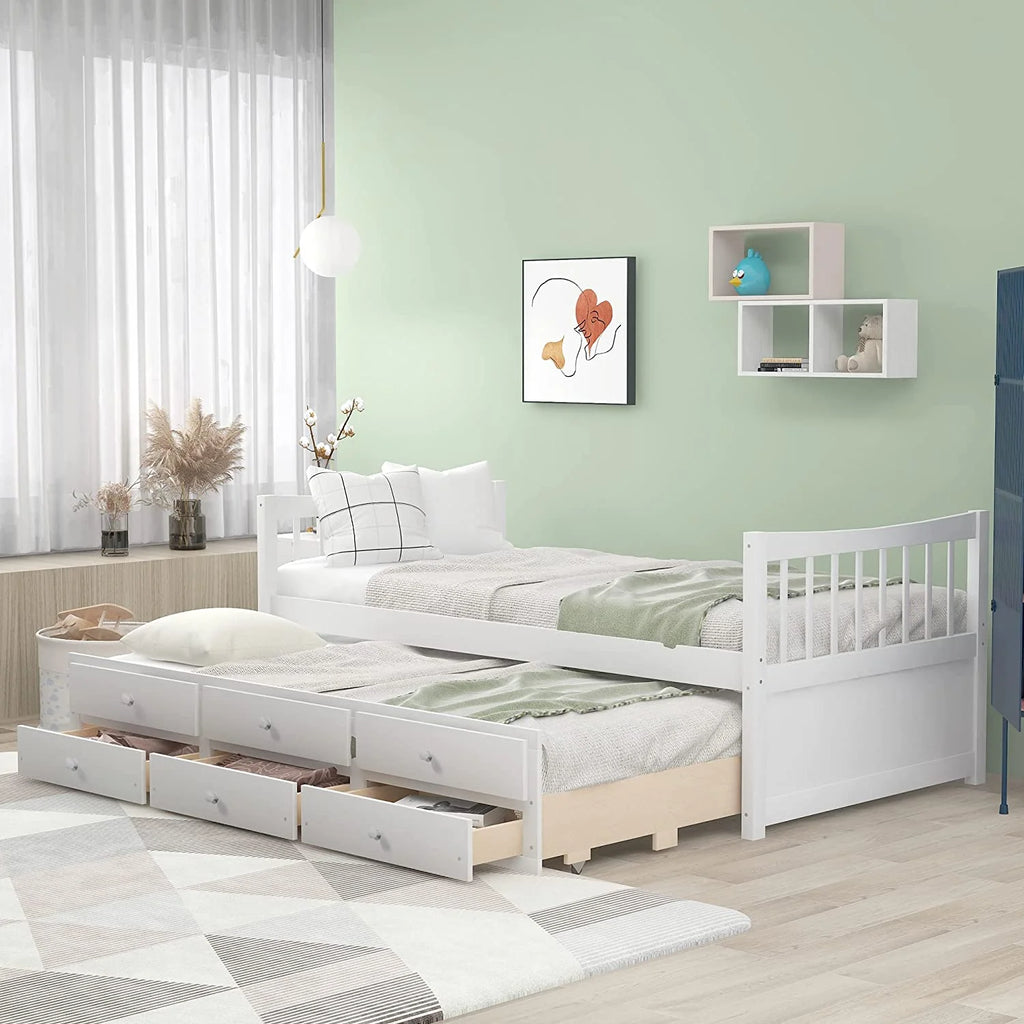 White Wood Daybed with Trundle and Drawers B88960