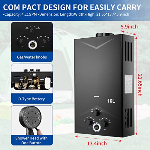 Outdoor Portable Propane Tankless Water Heater 4.21GPM 16L with Digital Display A8109