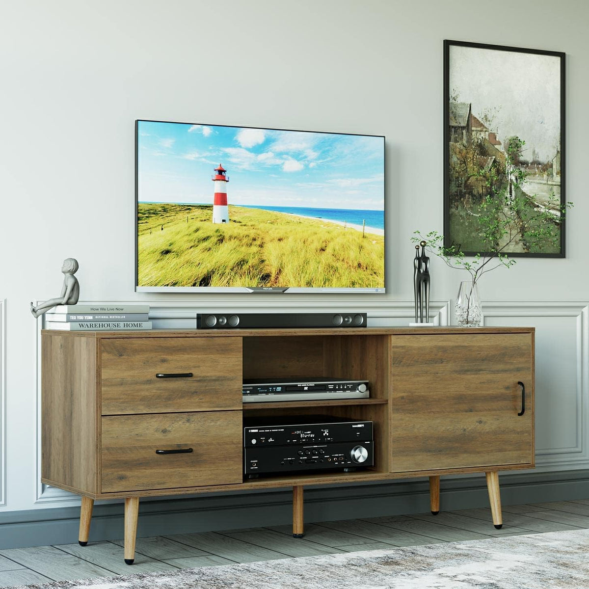 Mid Century Modern Wood TV Stand with Sliding Door A970