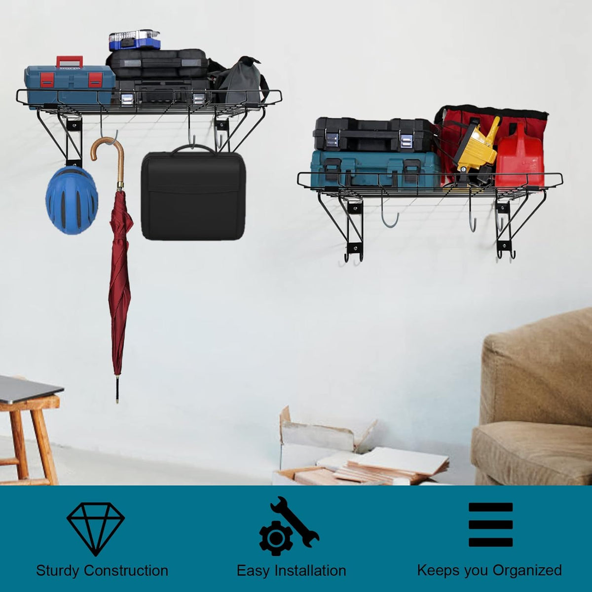 2-Pack Black Garage Wall Shelving with 6 Bike Hooks T290648