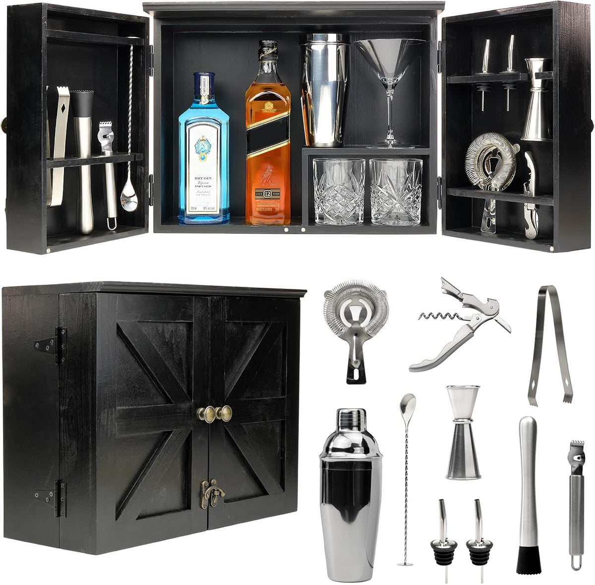 Barndoor Bartender Cabinet with 12 Piece Bar Tool Set, Rustic Brown, Pack of 2 I379577