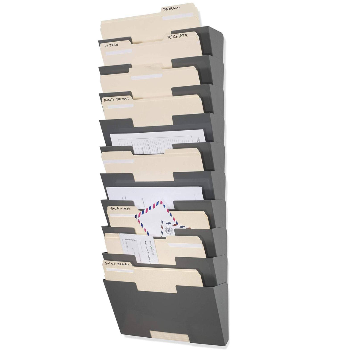 Gray Wall Mount Steel Vertical File Organizer 10 Sectional Modular J66417