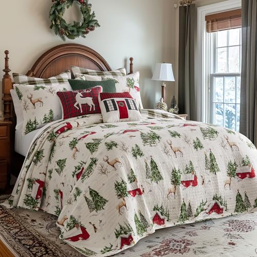 King/Cal King Red Green Brown White Cotton Reversible Quilt Set with Two King Pillow Shams Z75801