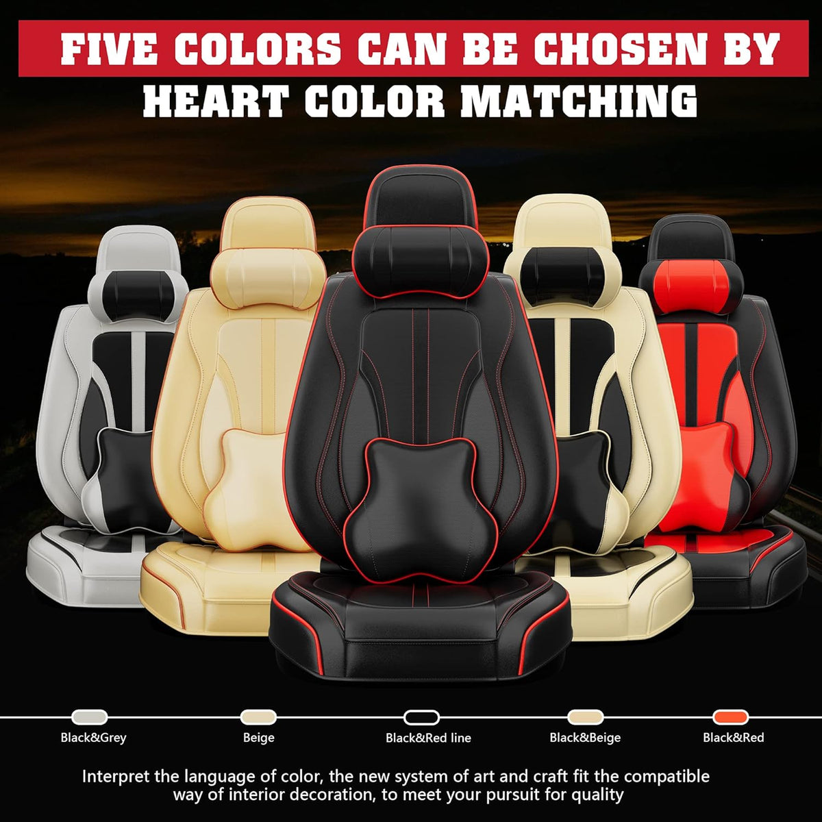 5PCS H7 Front and Back Car Seat Covers with Water Proof Nappa Leather (Full Set, Black&Red line) L7203