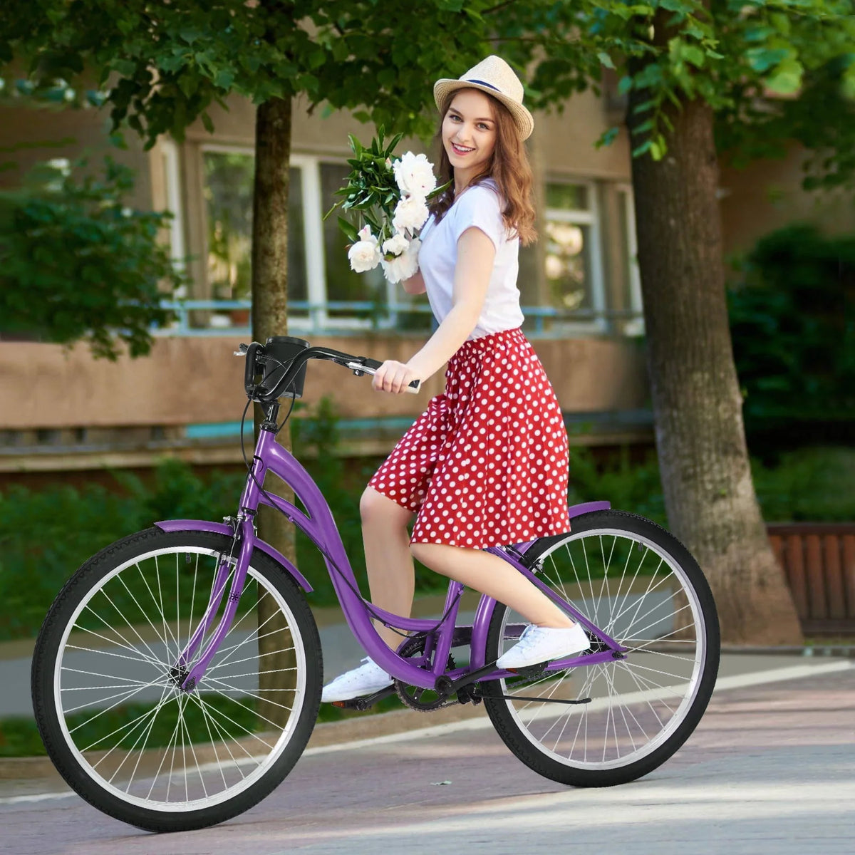 White 26 inch 7 Speed Foldable Cruiser Bike with Basket P729