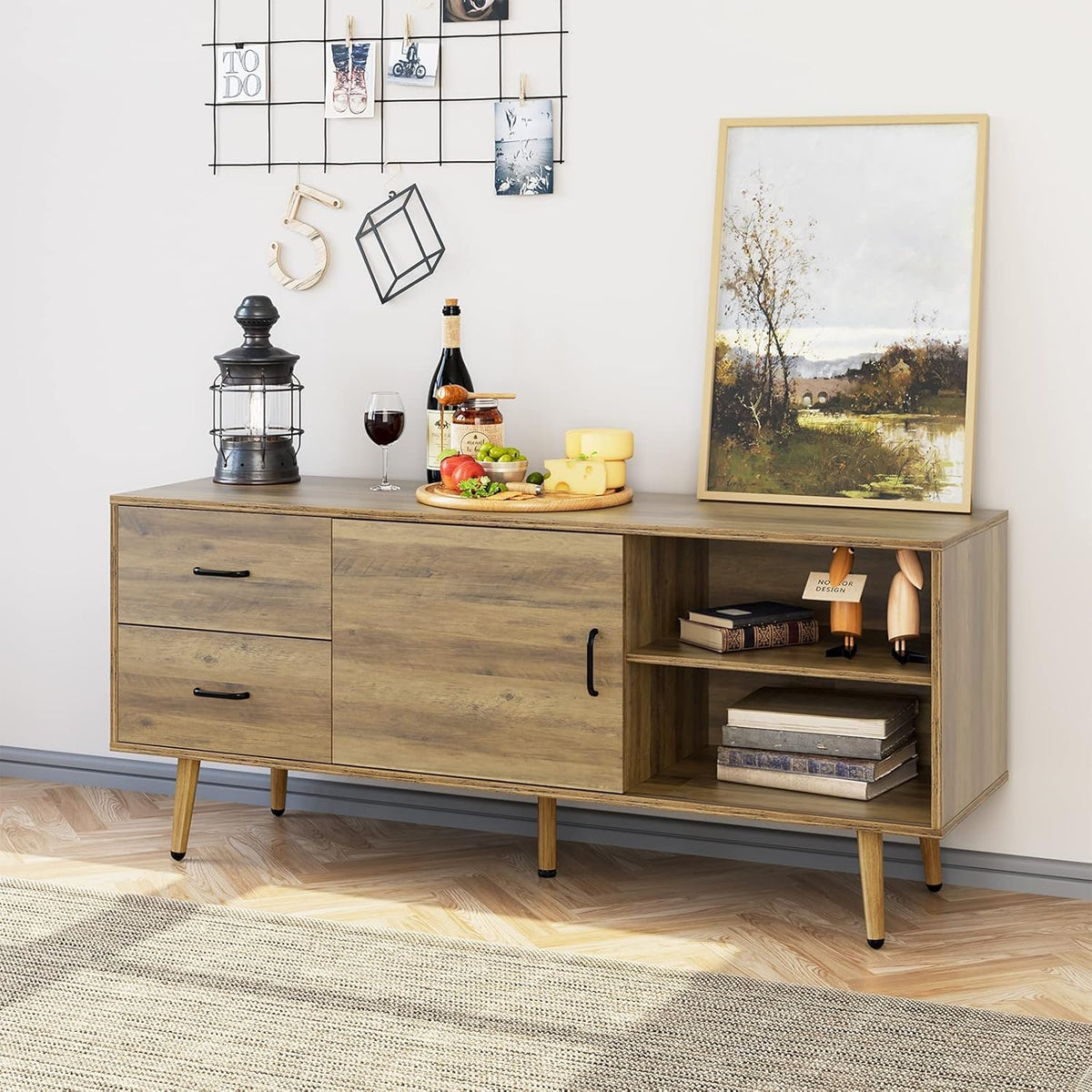 Mid Century Modern Wood TV Stand with Sliding Door A970