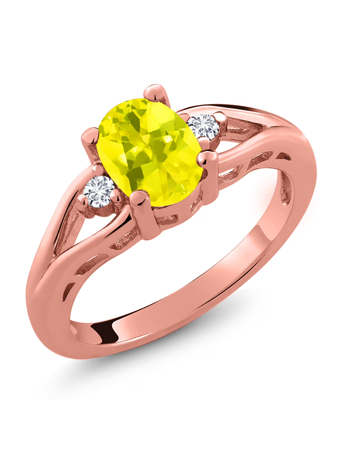 18K Rose Gold Plated Silver Canary Mystic Topaz and White Lab Grown Diamond 3 Stone Engagement Ring U3567