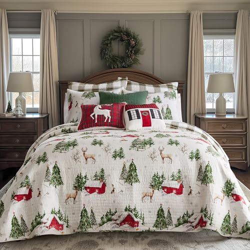 King/Cal King Red Green Brown White Cotton Reversible Quilt Set with Two King Pillow Shams Z75801