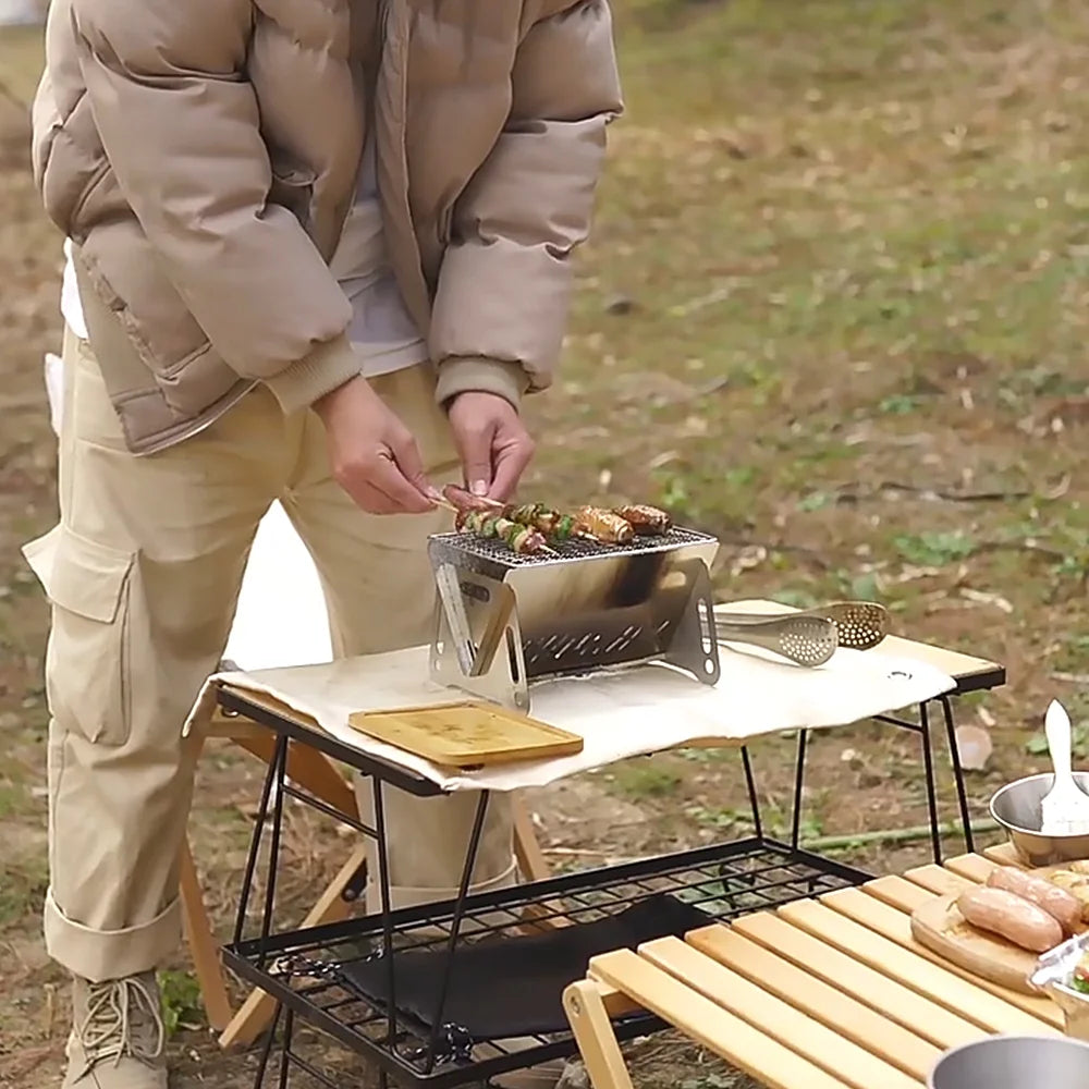 Portable Folding Stainless Steel Camping Wood Burning Stove with Grill Plate D5560