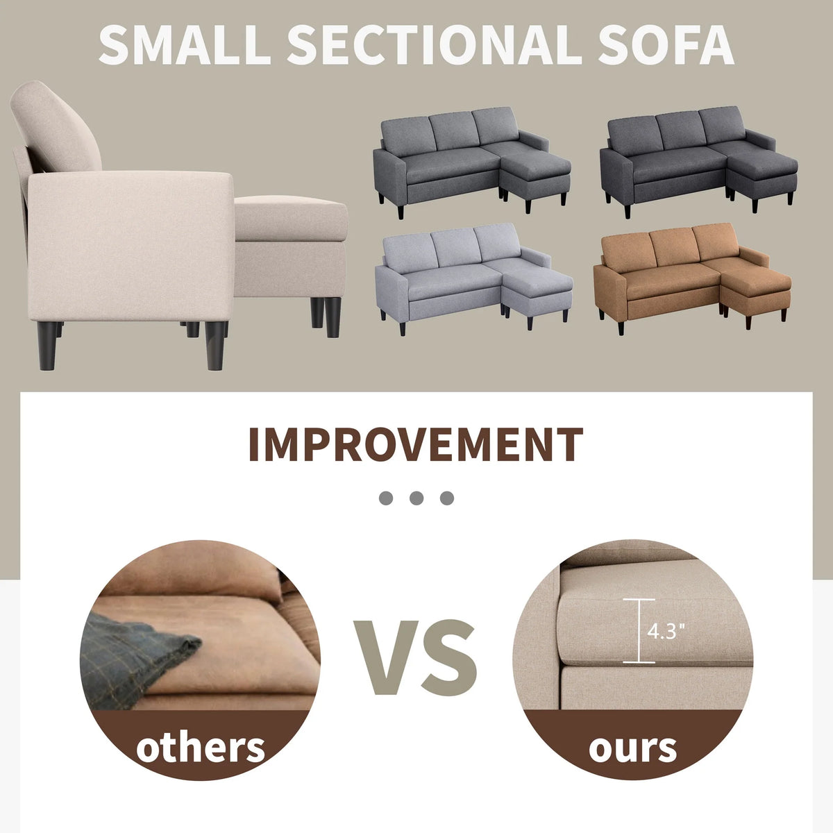 Convertible Sectional Sofa L-Shaped 3-Seat Couch with Reversible Chaise O65690