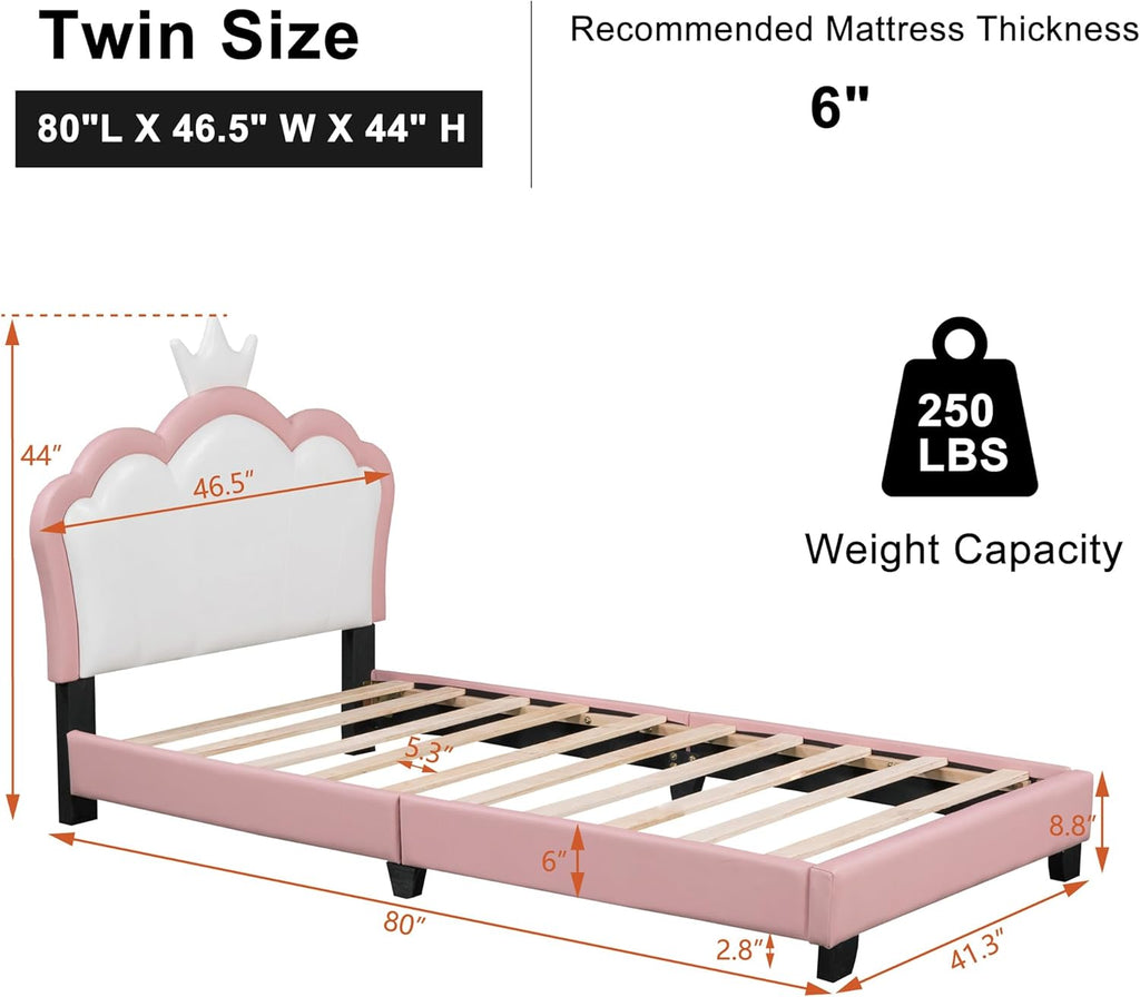Pink Twin Size PU Upholstered Princess Bed Frame with Crown Headboard V453258
