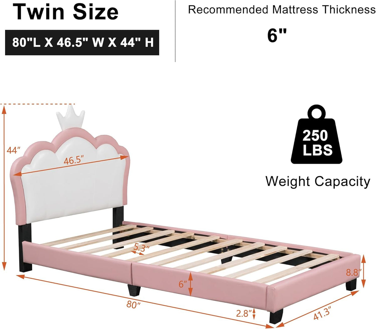 Pink Twin Size PU Upholstered Princess Bed Frame with Crown Headboard V453258