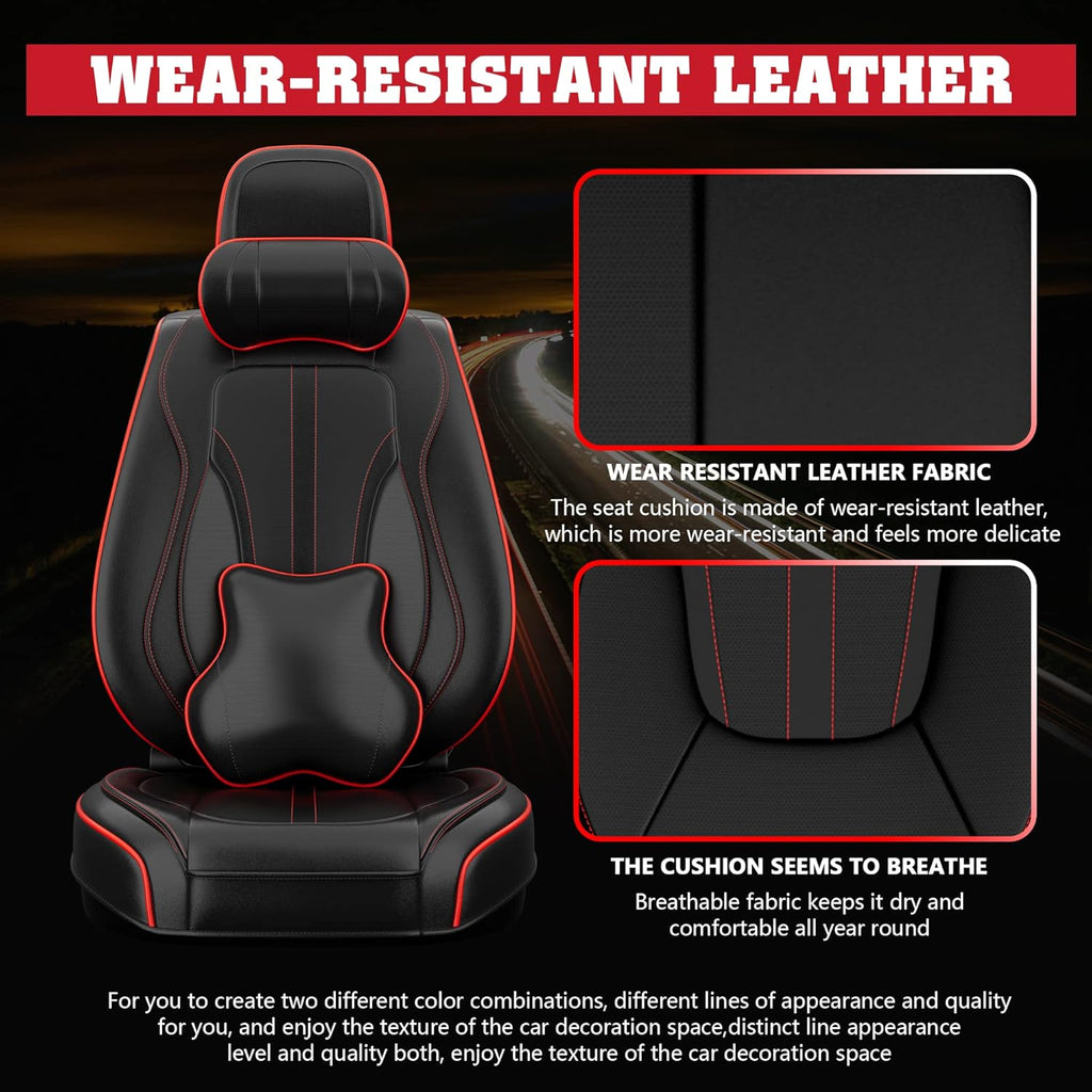 5PCS H7 Front and Back Car Seat Covers with Water Proof Nappa Leather (Full Set, Black&Red line) L7203