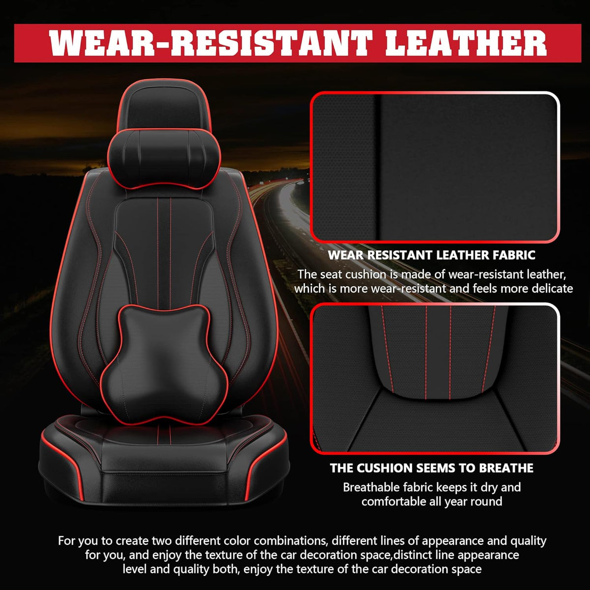 5PCS H7 Front and Back Car Seat Covers with Water Proof Nappa Leather (Full Set, Black&Red line) L7203