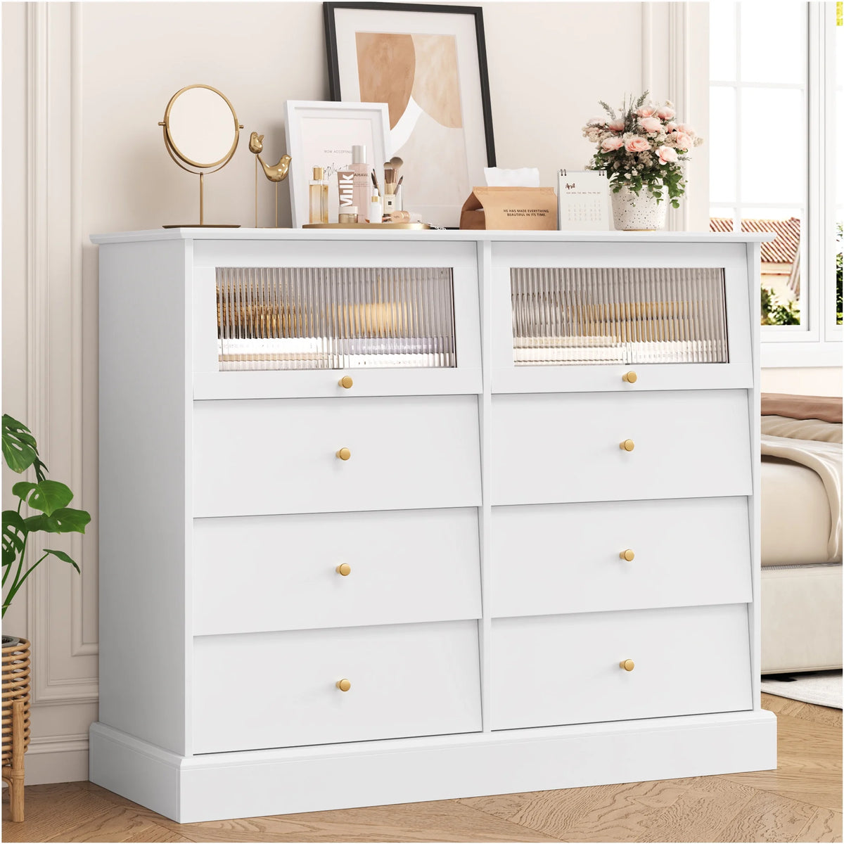 Black 8 Drawer Glass Door Wood Dresser Y17593