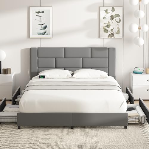 Beige Queen Size Upholstered Bed Frame with 4 Storage Drawers P540820