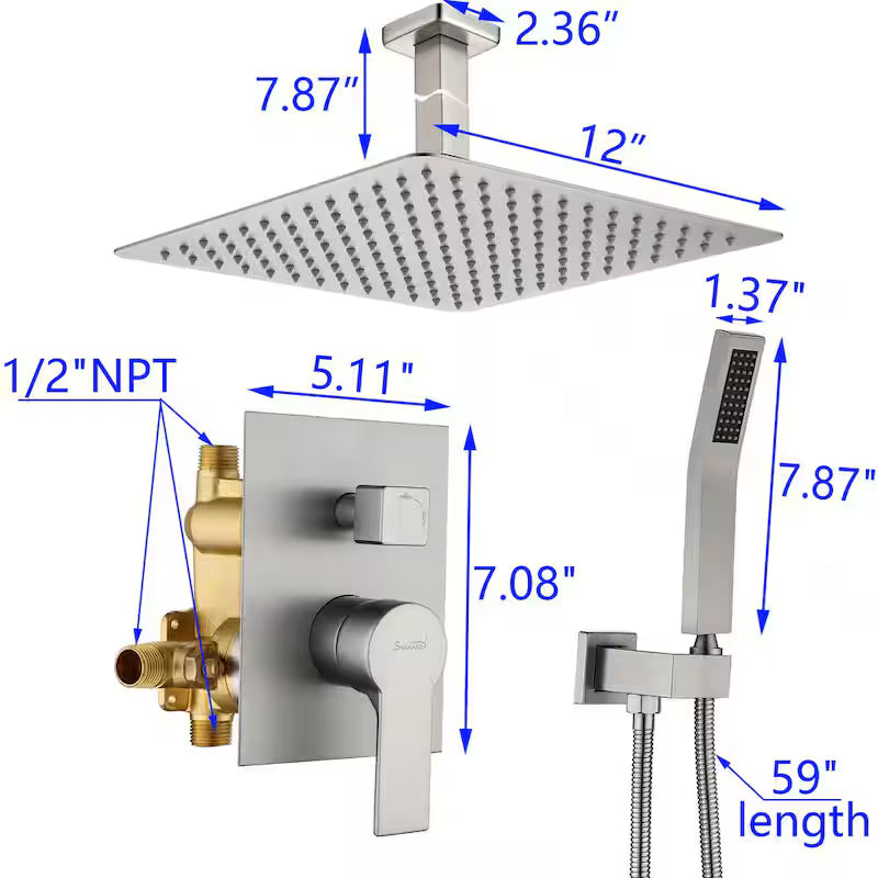 12 in. Ceiling Mount Dual Shower Heads with Pressure Balance Valve in Brushed Nickel B873628