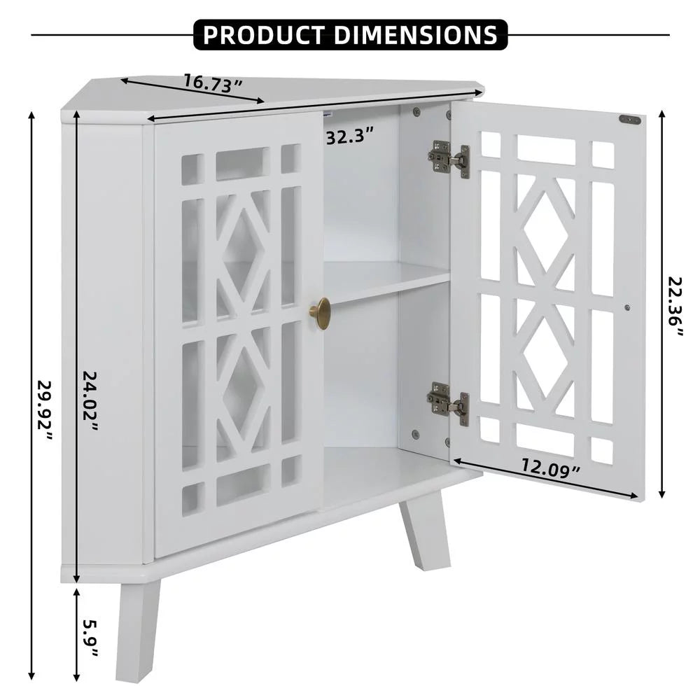 White 32" Corner Storage Cabinet with 2 Doors and 2-Tier Shelves H6491