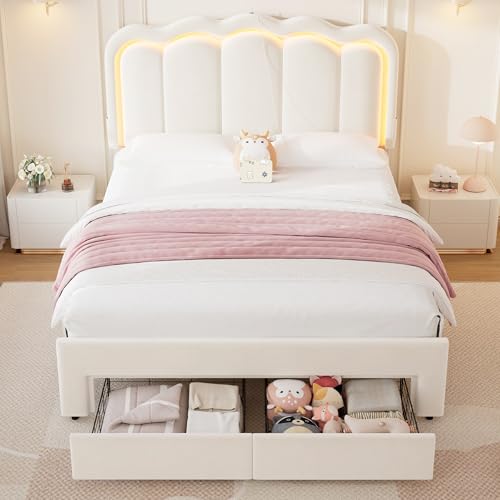 Beige Velvet Twin Upholstered Platform Bed with Storage Drawer I731112