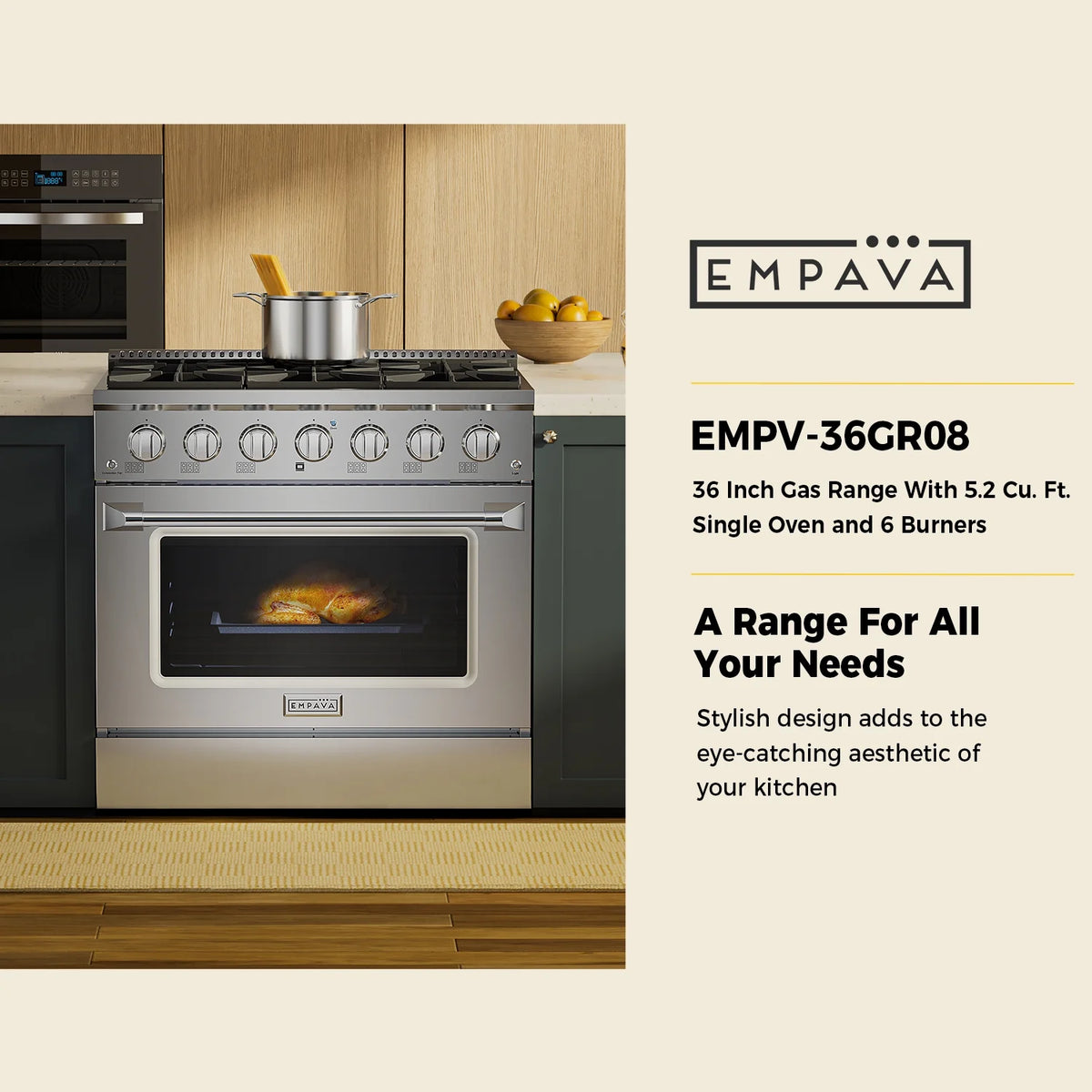 36 in. 5.2 cu. ft. Single Oven Gas Range with 6 Sealed Burners and Continuous Grates in Stainless Steel W843