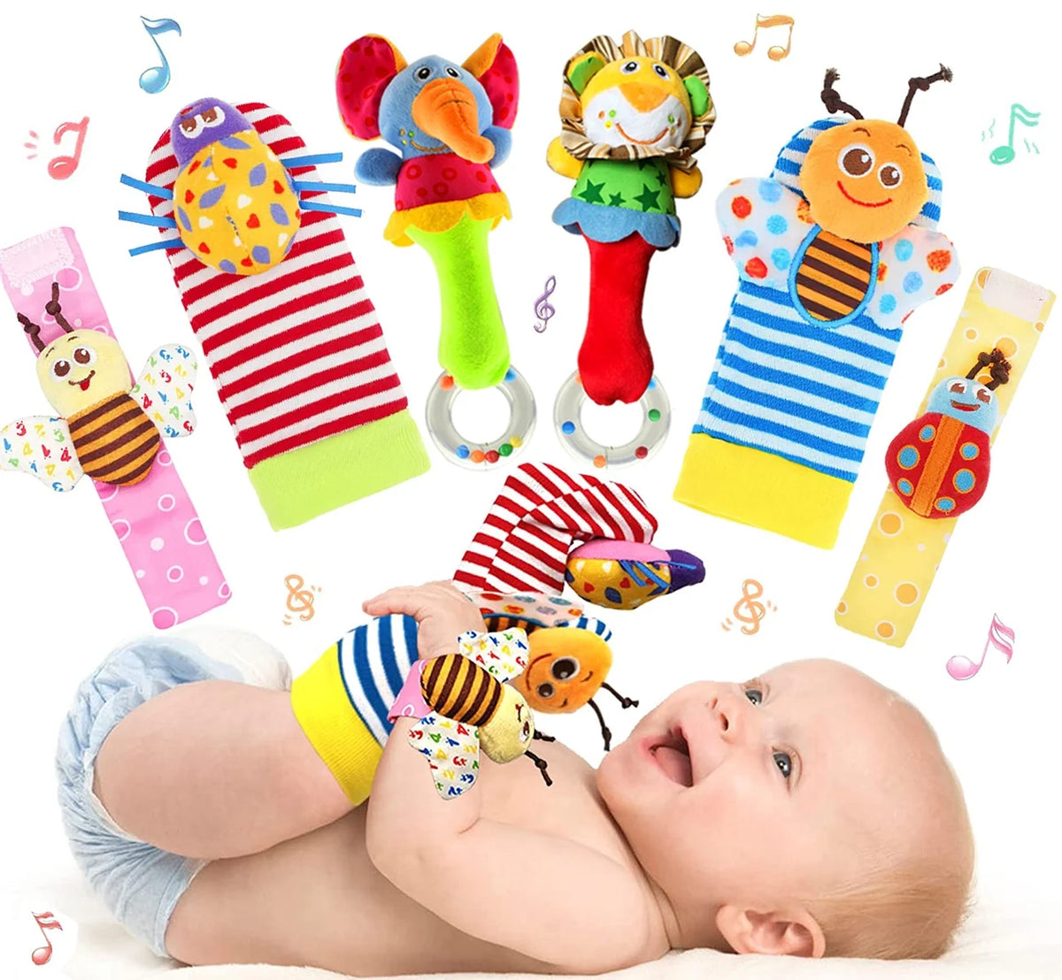 6 Pcs Baby Wrist Rattle & Foot Finder Socks Soft Plush Animal Doll I85260