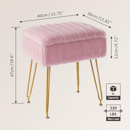 Pink Faux Fur Vanity Stool with Gold Metal Legs and Hidden Storage L290