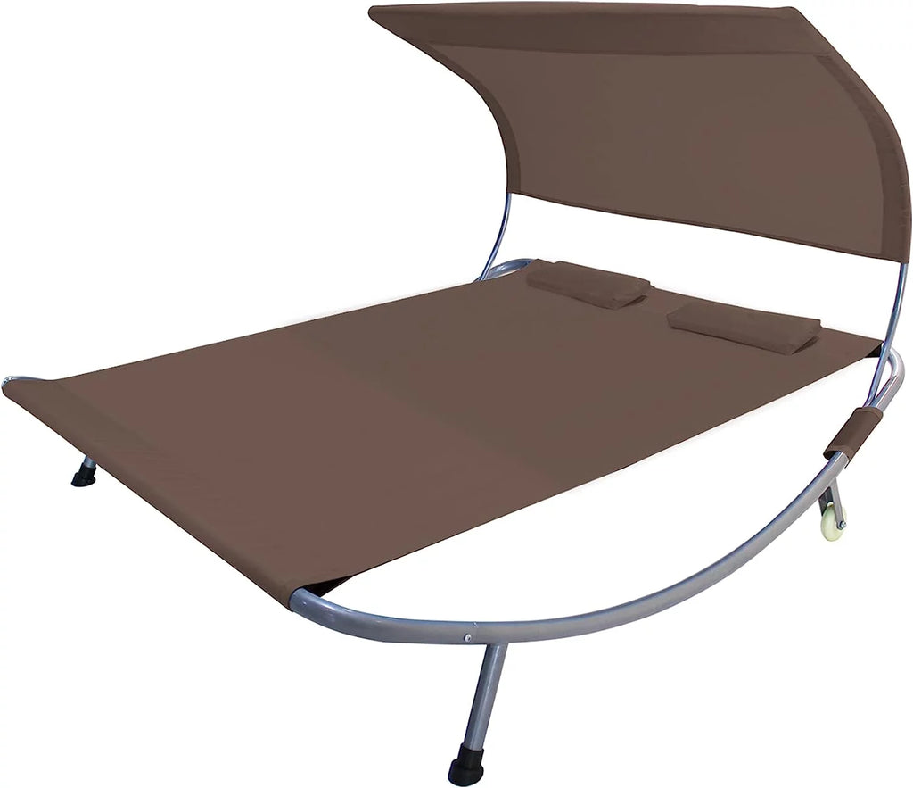 Double Chaise Lounge Bed with Canopy, Headrest Pillow and Wheels O454