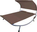 Double Chaise Lounge Bed with Canopy, Headrest Pillow and Wheels O454
