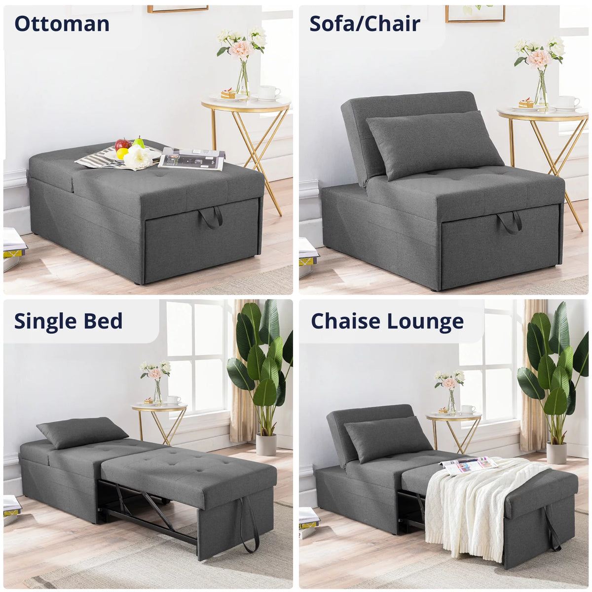 Charcoal Black Linen Fabric 4 in 1 Convertible Sleeper Chair B28375
