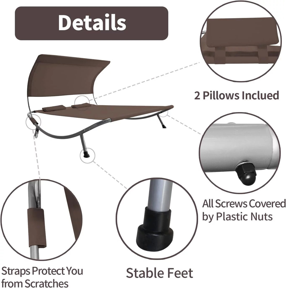Double Chaise Lounge Bed with Canopy, Headrest Pillow and Wheels O454