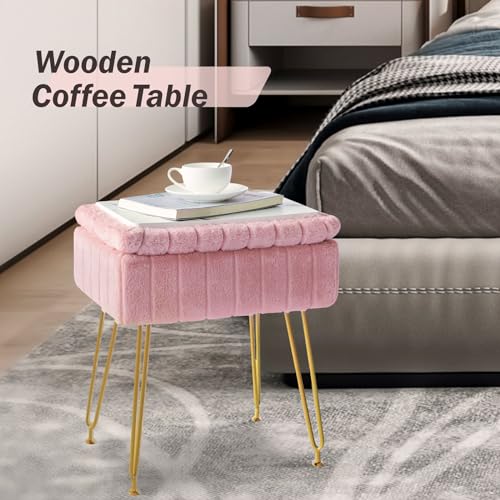 Pink Faux Fur Vanity Stool with Gold Metal Legs and Hidden Storage L290