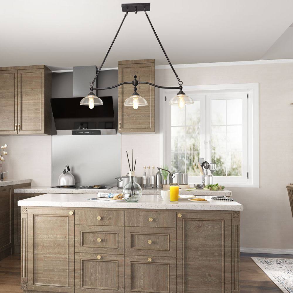 Rustic Black Finish Three Light Island with Clear Glass N83141
