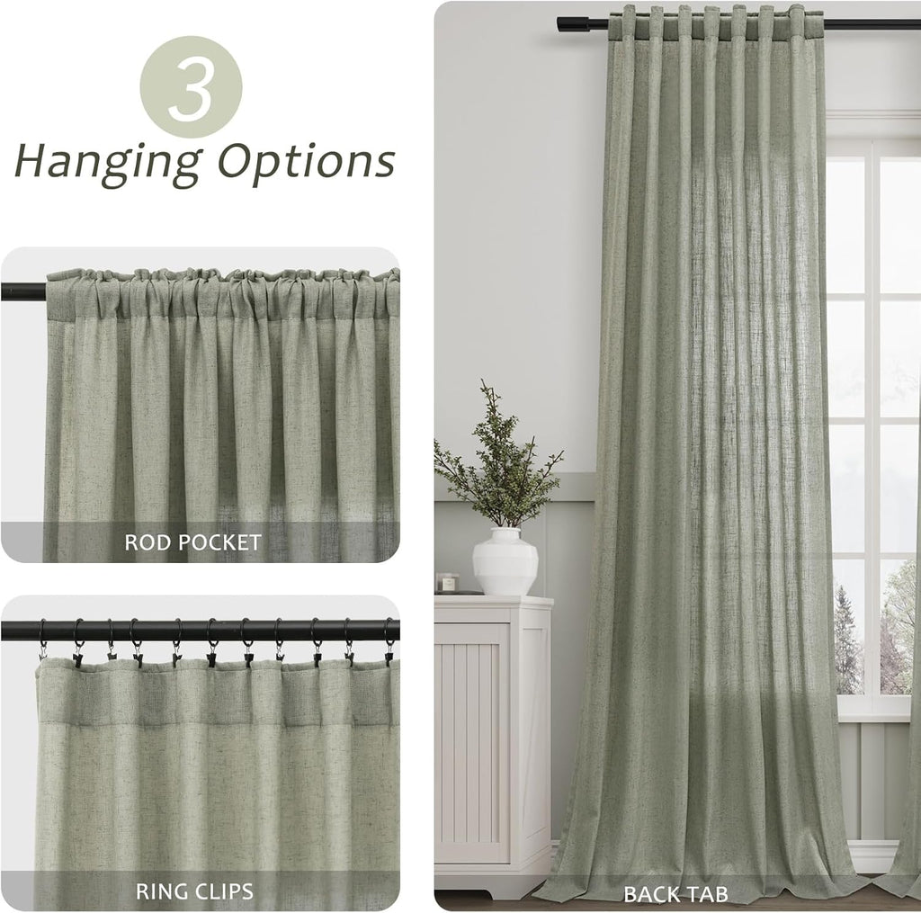 Sage Green Semi Sheer Linen Curtains 84 Inch Length 2 Panels Set Back Pocket 52x84 A46641