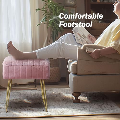 Pink Faux Fur Vanity Stool with Gold Metal Legs and Hidden Storage L290