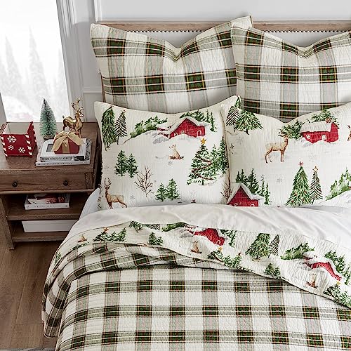 King/Cal King Red Green Brown White Cotton Reversible Quilt Set with Two King Pillow Shams Z75801