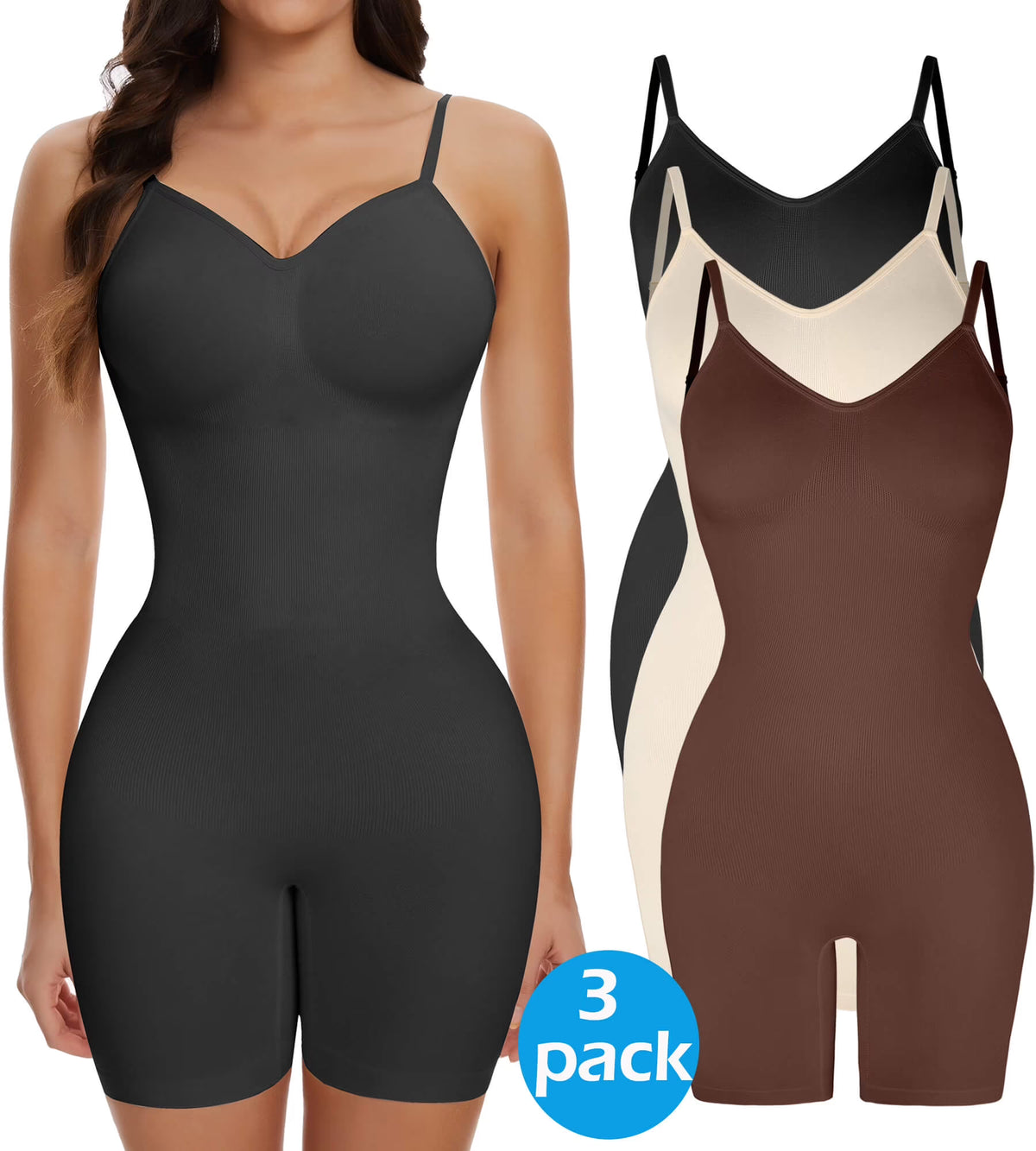 3 Packs Low Back Mid Thigh Bodysuit Shapewear Y1503