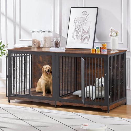 71'' Wooden Double Dog Crate Kennel Cage, Brown G338592