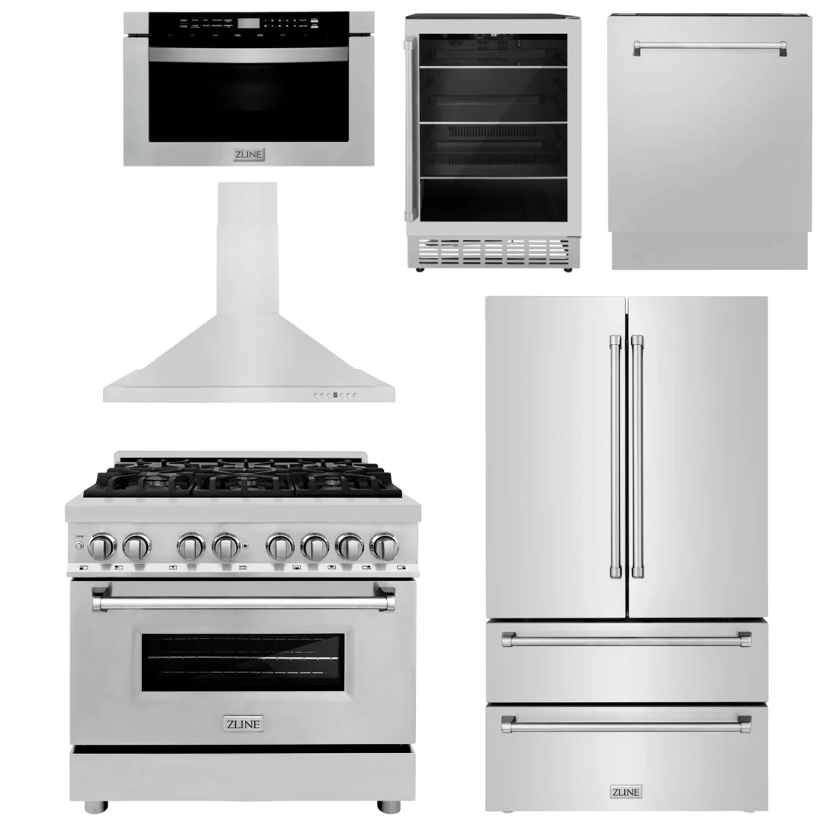 36 Dual Fuel Range, Range Hood, Refrigerator, Microwave Drawer, Dishwasher and Beverage Fridge D71885