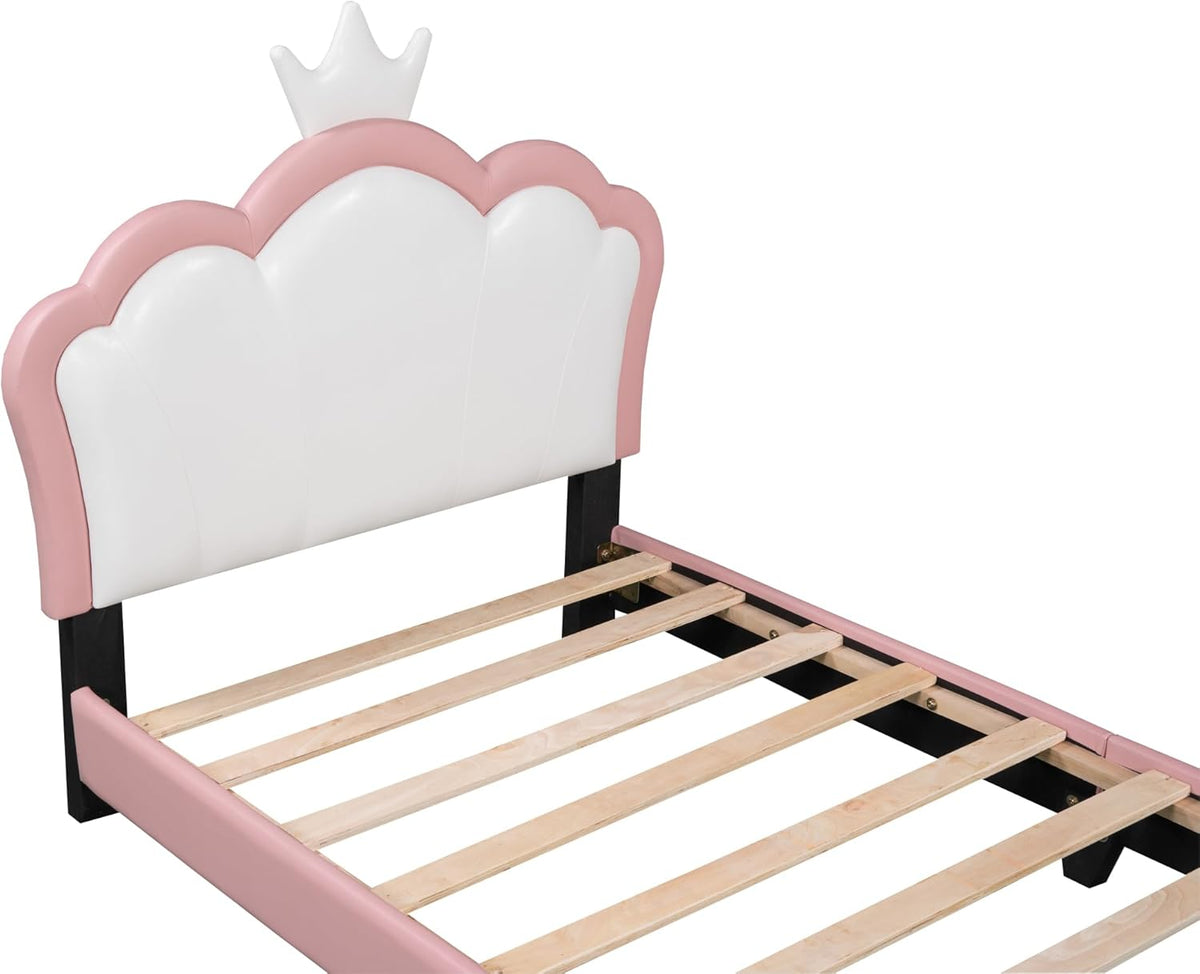 Pink Twin Size PU Upholstered Princess Bed Frame with Crown Headboard V453258