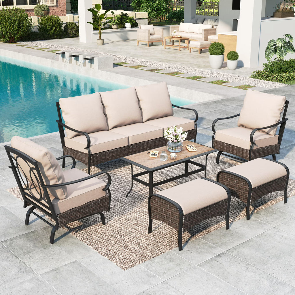 7-Seat Patio Conversation Set with 3-Seat Sofa, Rocking Chairs, Ottomans & Table, Black & Beige C577