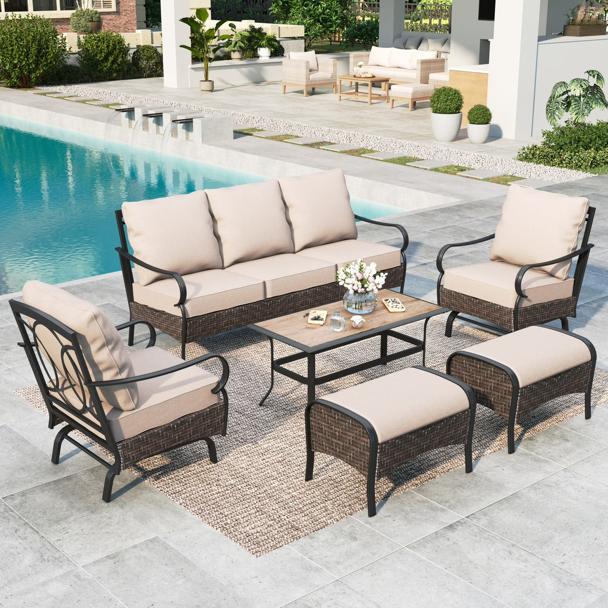 7-Seat Patio Conversation Set with 3-Seat Sofa, Rocking Chairs, Ottomans & Table, Black & Beige C577