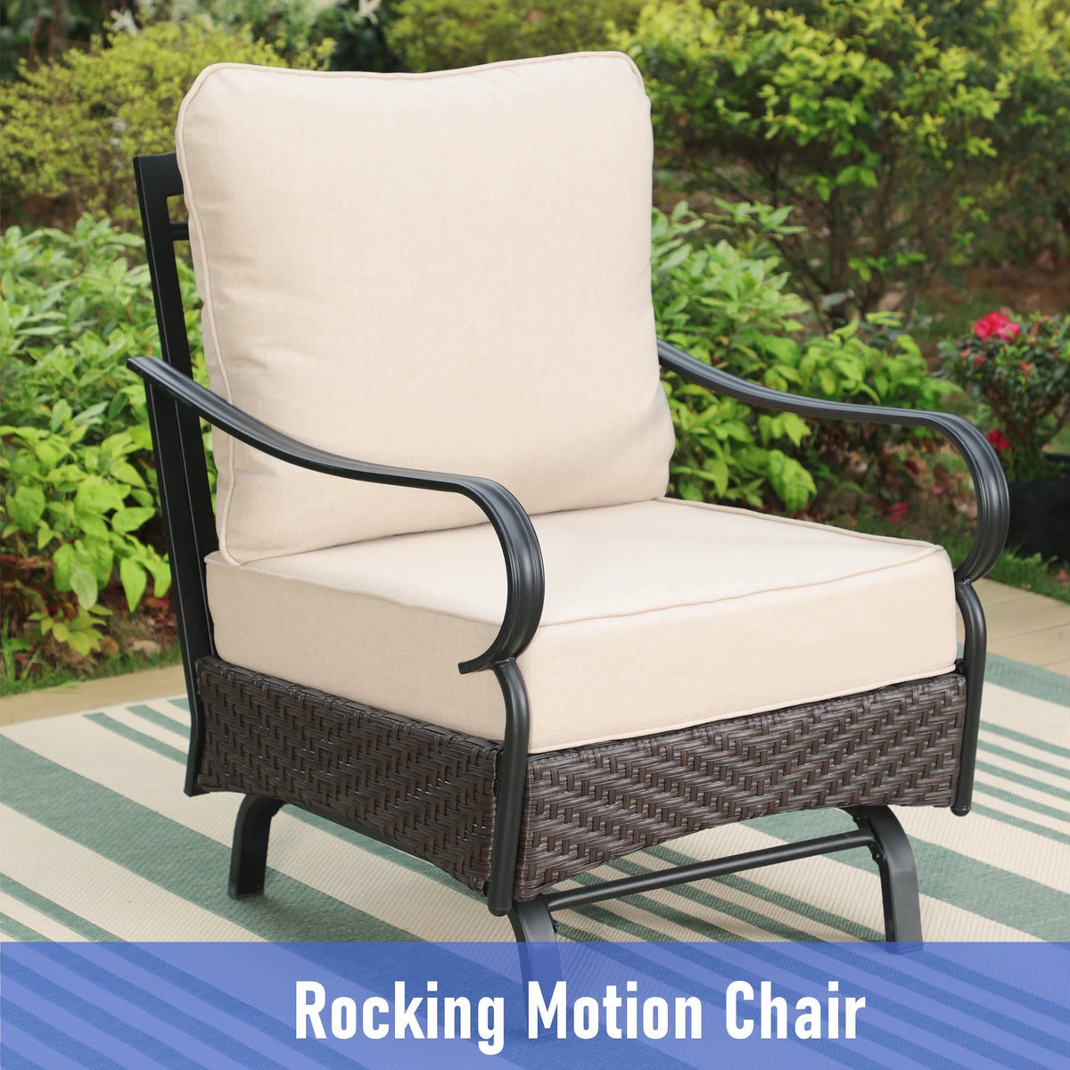 7-Seat Patio Conversation Set with 3-Seat Sofa, Rocking Chairs, Ottomans & Table, Black & Beige C577