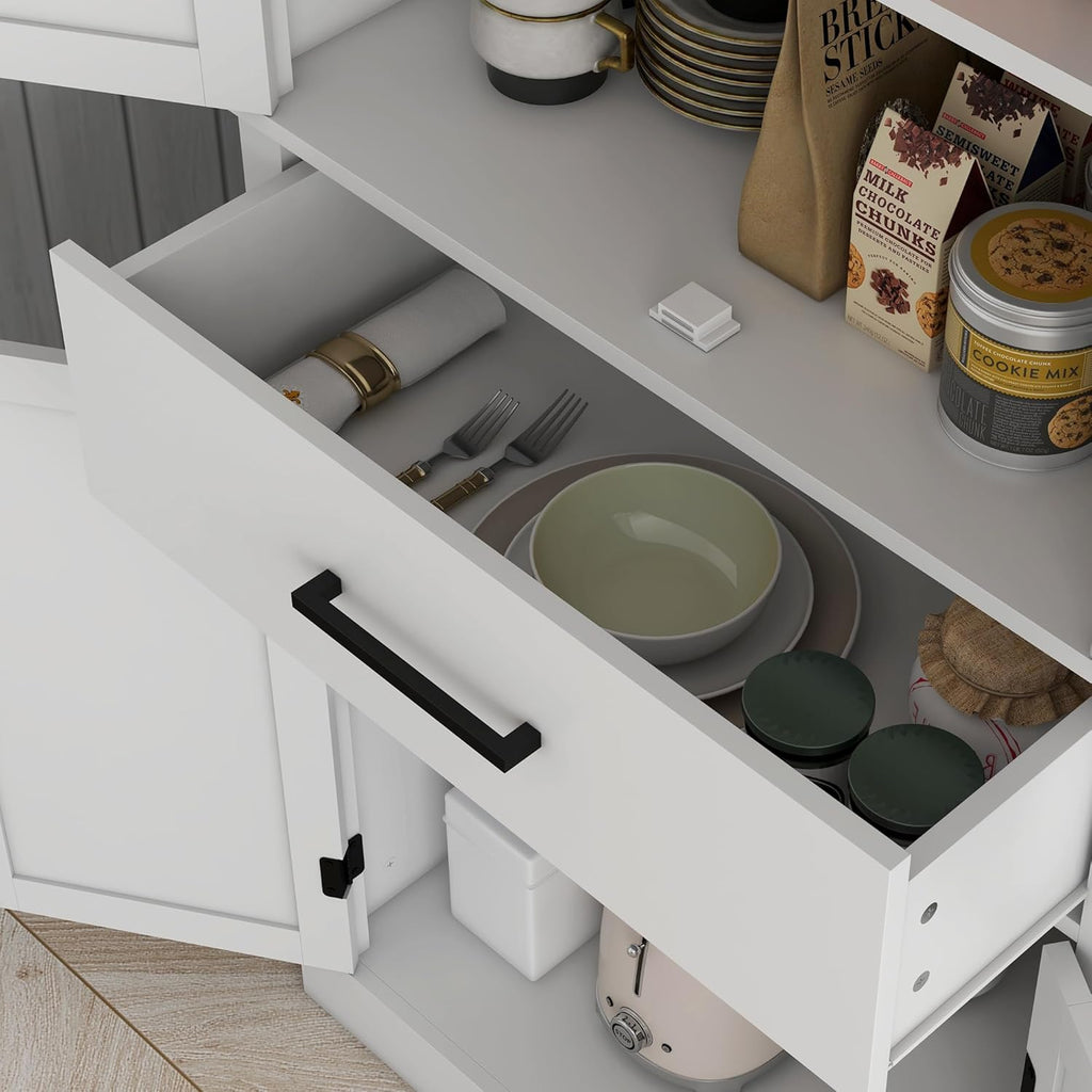 White 72" Tall Kitchen Pantry Storage Cabinet with 4 Barn Doors, Drawer, 5-Tier Shelf and Adjustable Shelves G390