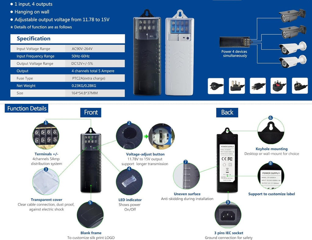 4 Channel CCTV Camera Power Supply 5 Amp Distribution Power Supply 90V-264VAC Input to 12V-13.8VDC Output Security Camera Power Adapter with PTC Fuse Pack of 2 G113982