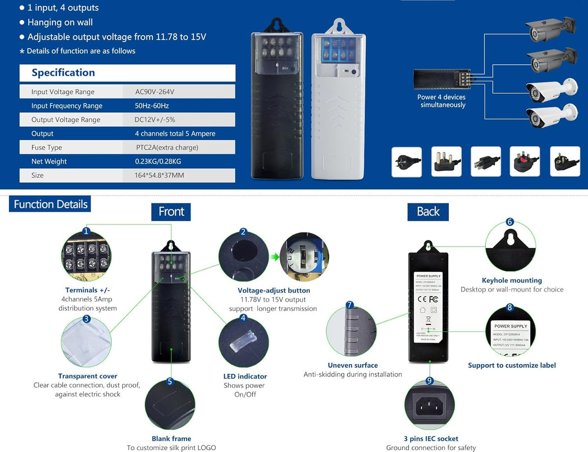 4 Channel CCTV Camera Power Supply 5 Amp Distribution Power Supply 90V-264VAC Input to 12V-13.8VDC Output Security Camera Power Adapter with PTC Fuse Pack of 2 G113982